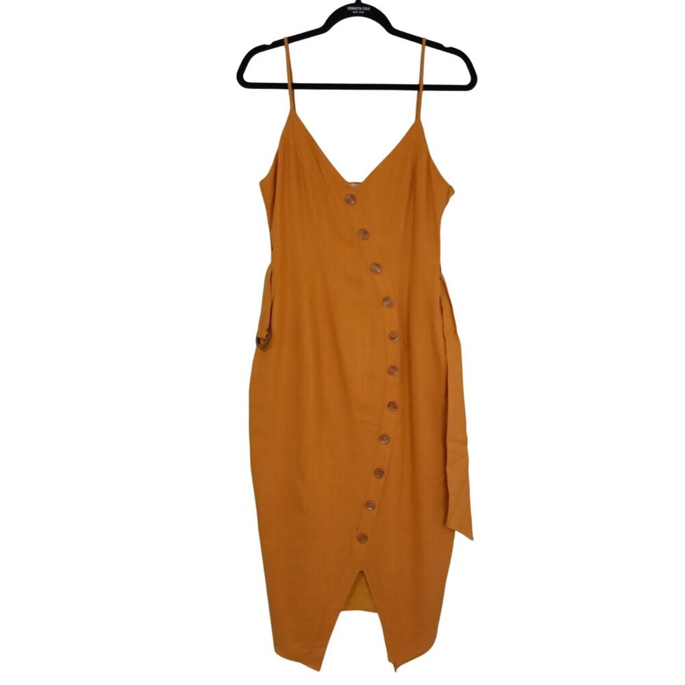 Selfie Leslie Midi Dress Mustard  Spaghetti Straps Button Details Belted Waist M